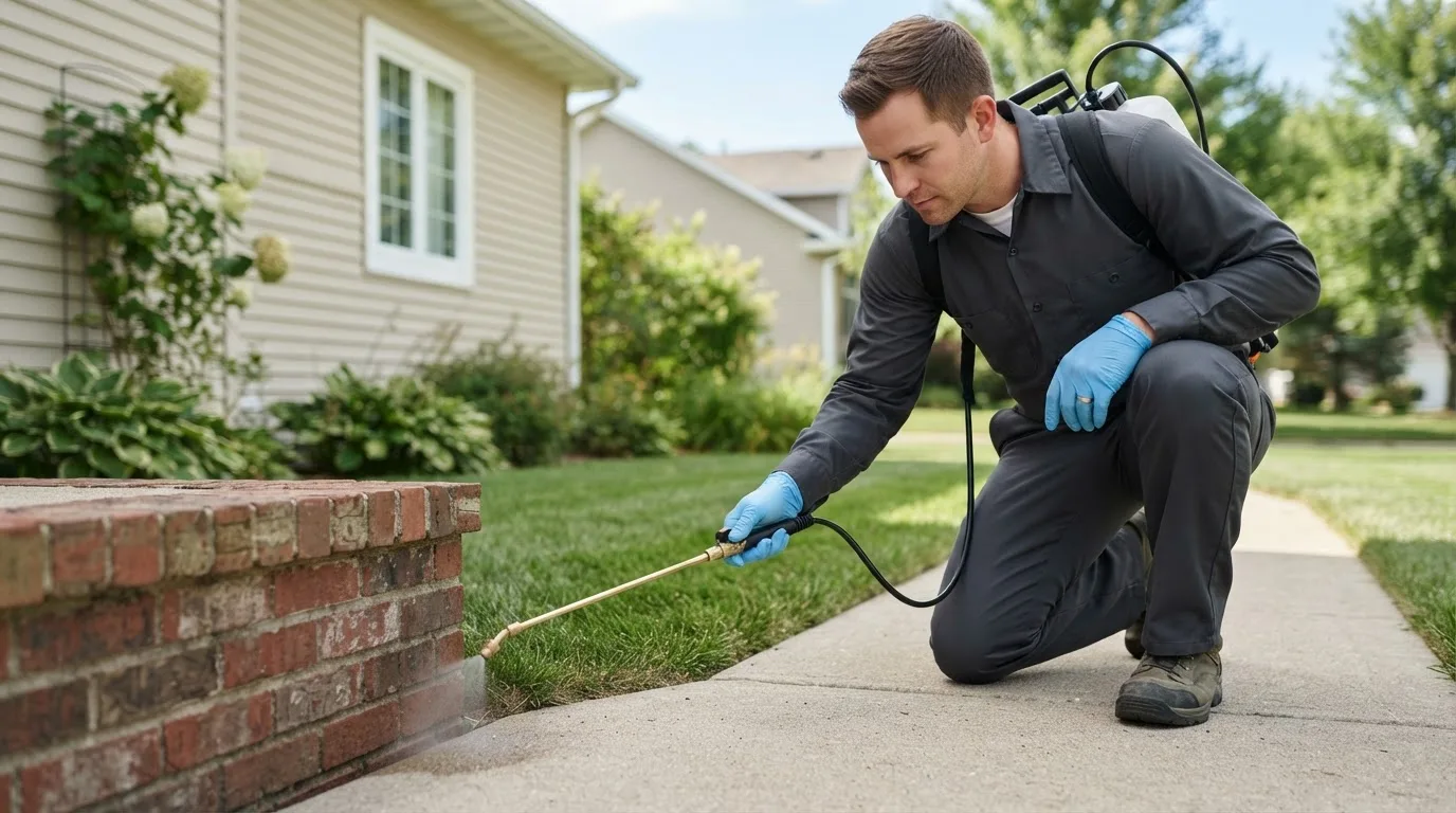 Pest control technician treating a home near Munday, TX